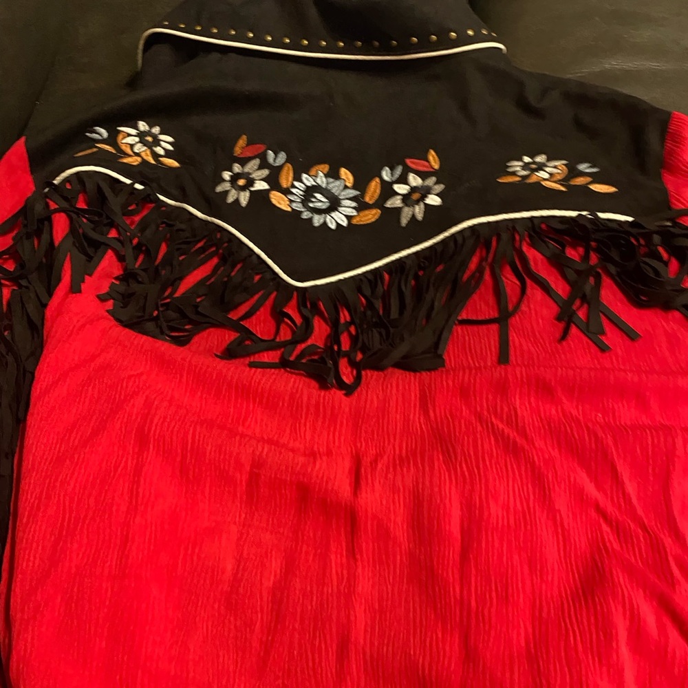 Red and Black Embellished Ruffled Blouse with Bib Collar